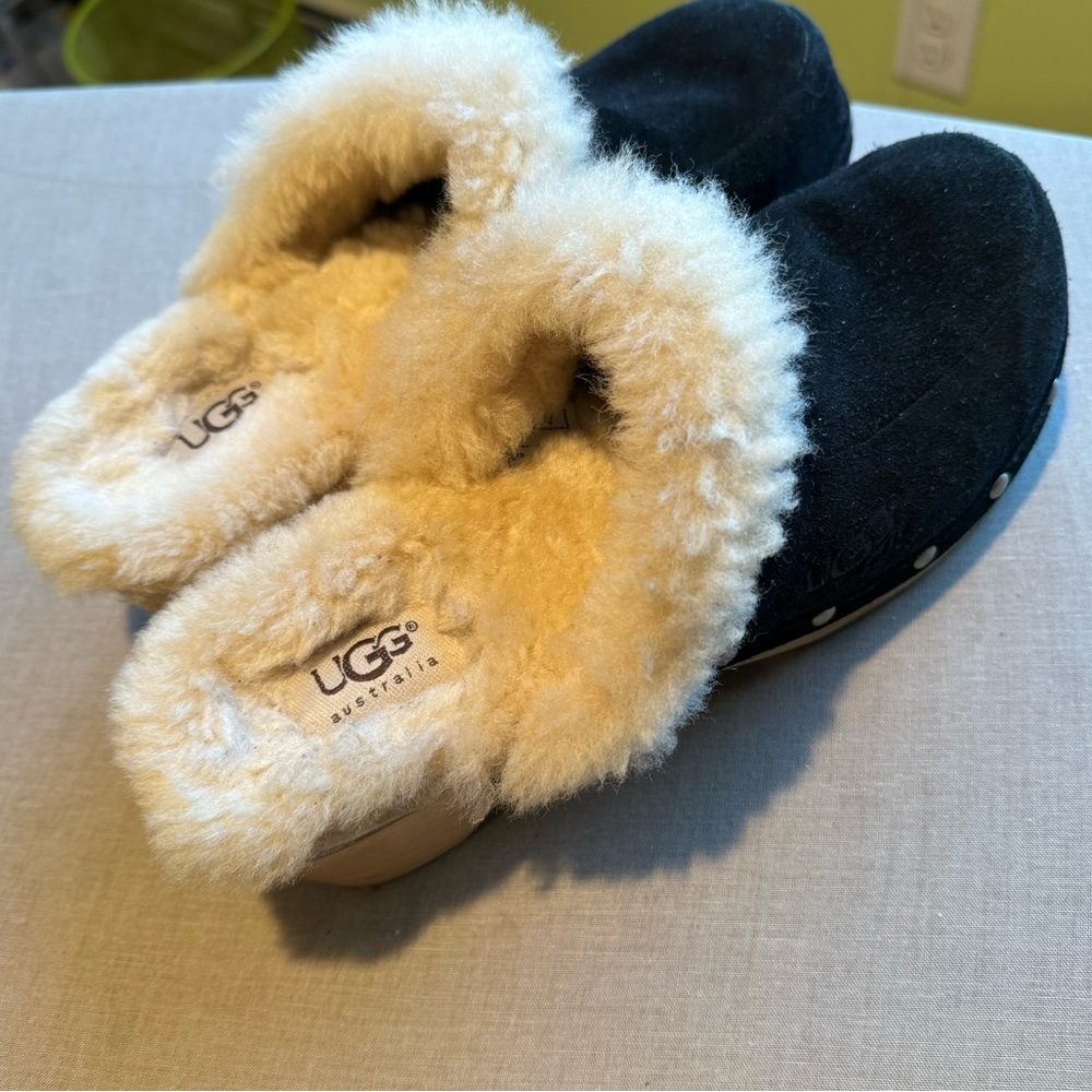 UGG Black and Cream Shearling Mules